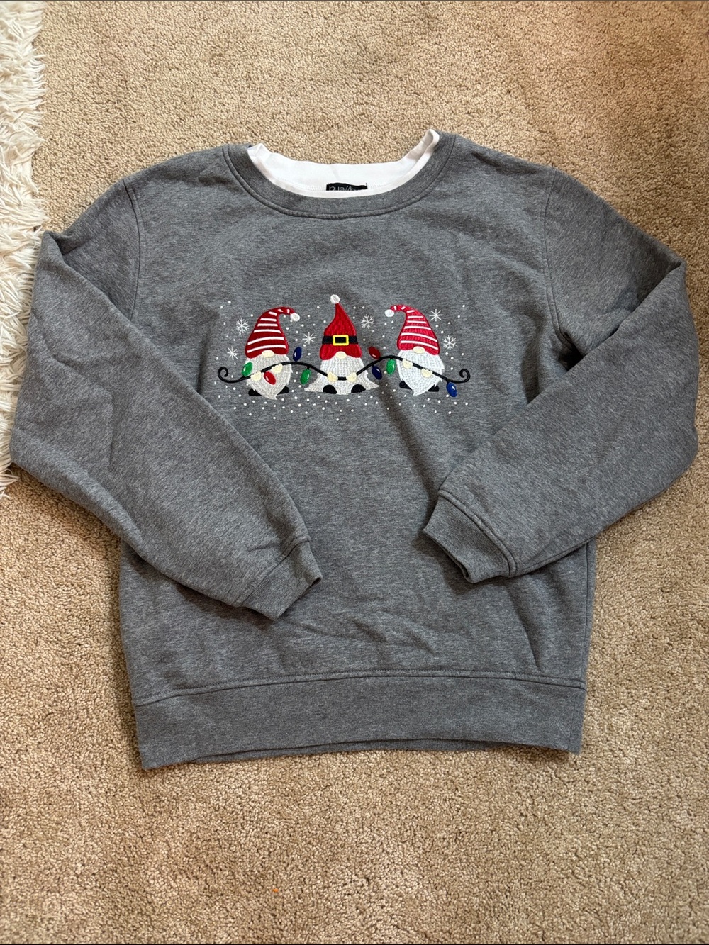 Gray Crewneck Sweater with Holiday Gnome Embroidery